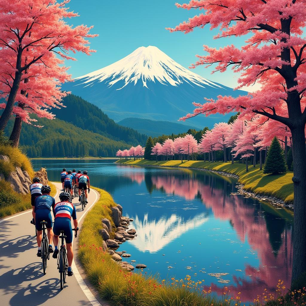 A collage showing images of the Tour de France and iconic Japanese landscapes.