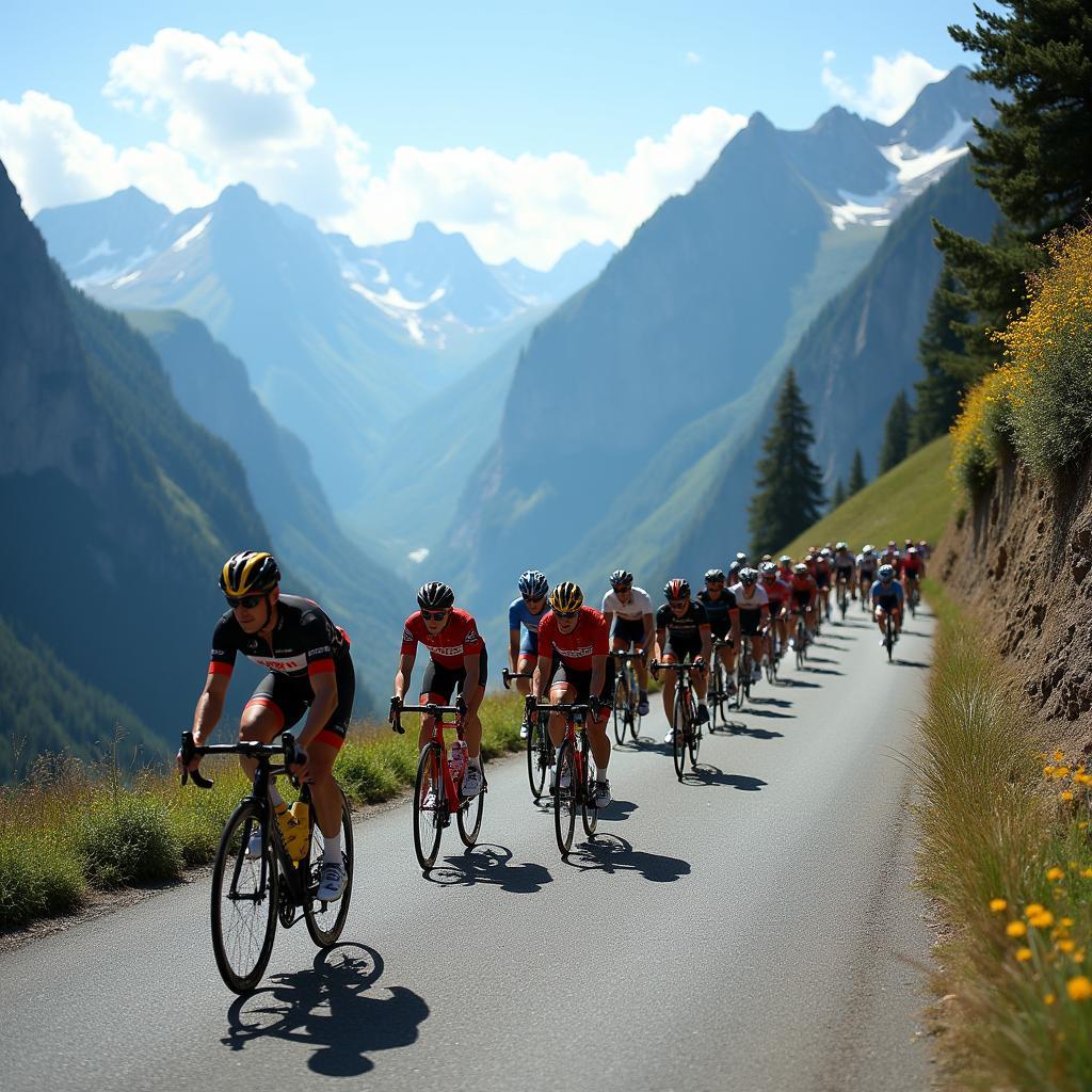 Cyclists Ascending a Mountain Pass During the Tour de France