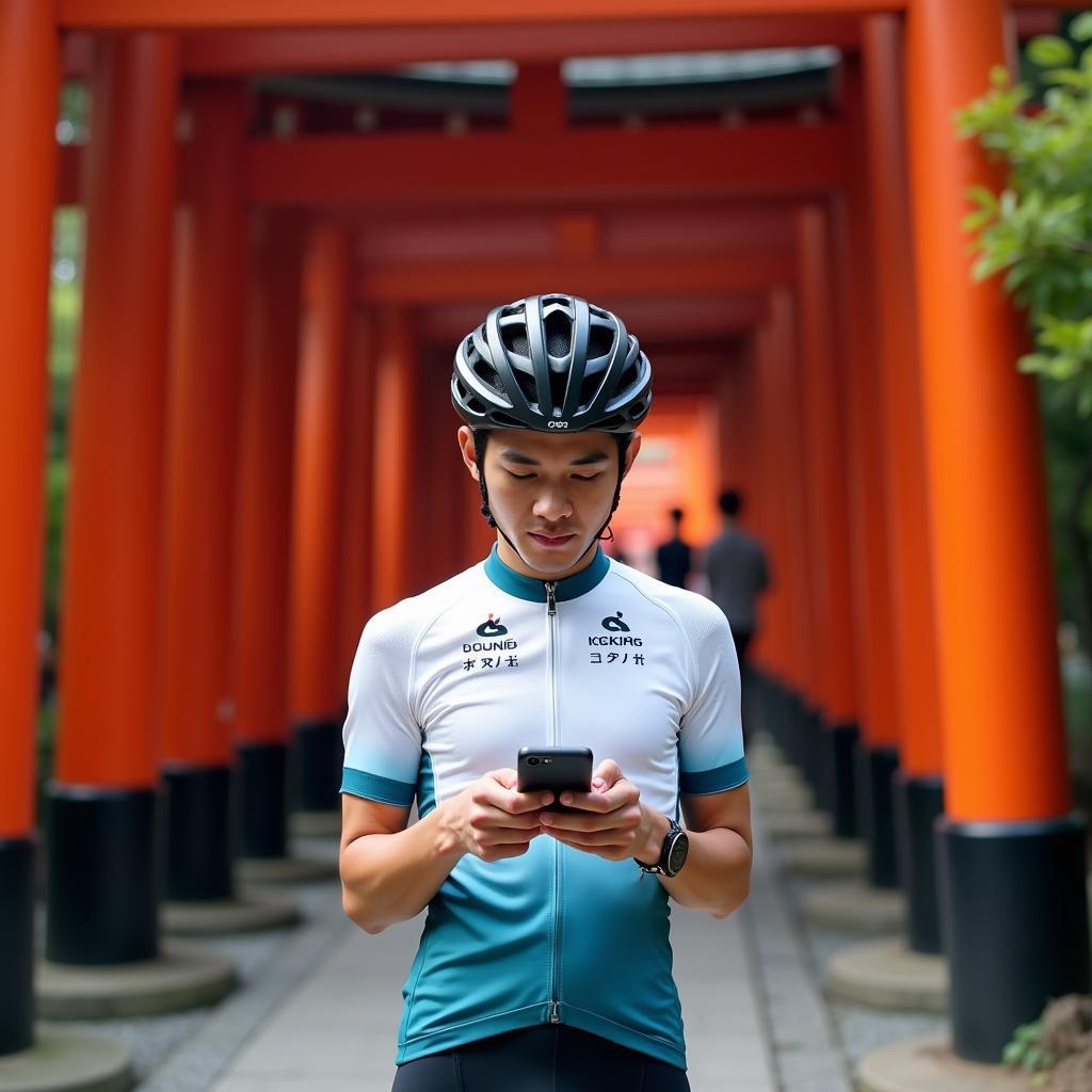 A Japanese fan checks the tour de france stage 3 odds on their phone while standing in front of a traditional Japanese temple.