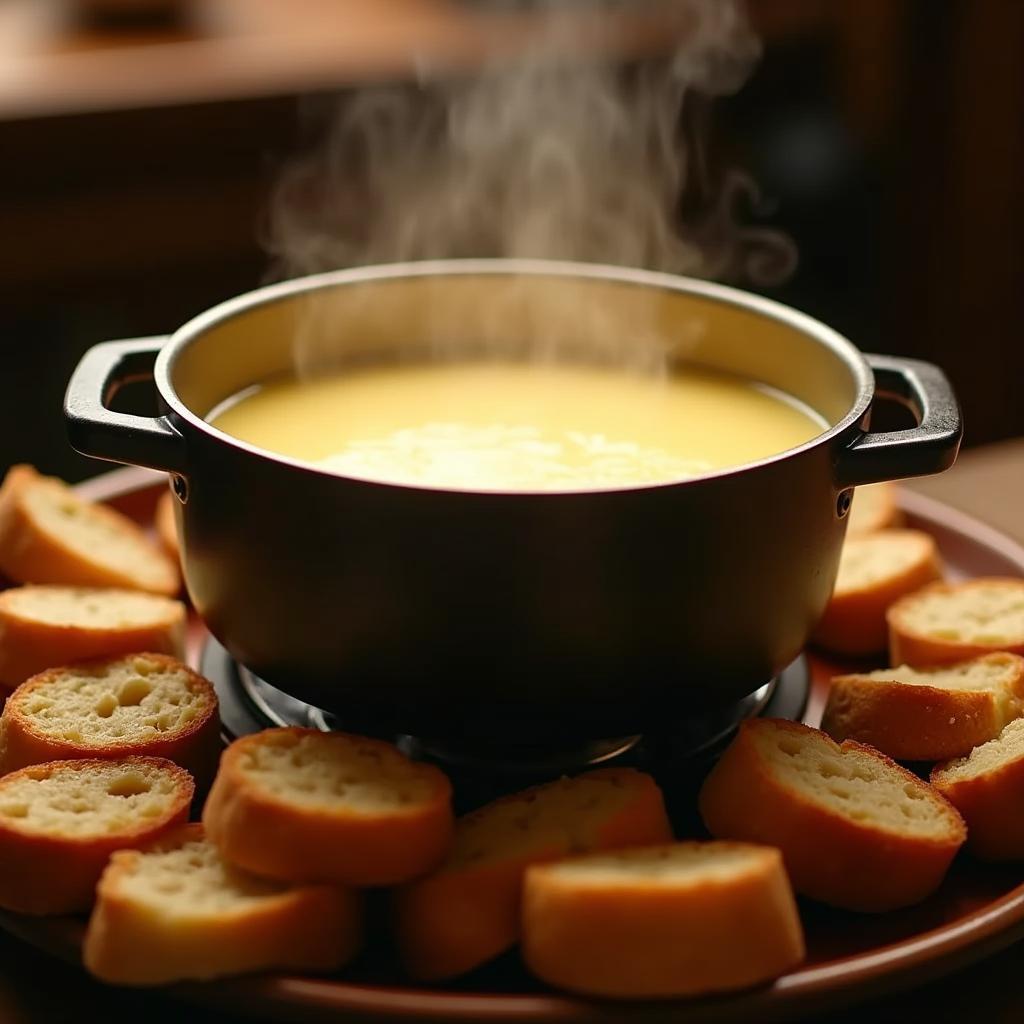 Traditional Swiss Fondue Meal with Cheese and Bread