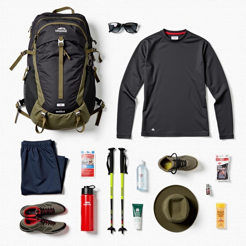 Essential gear laid out for a Tungnath trek, including backpack, trekking shoes, warm clothing, and first-aid kit.