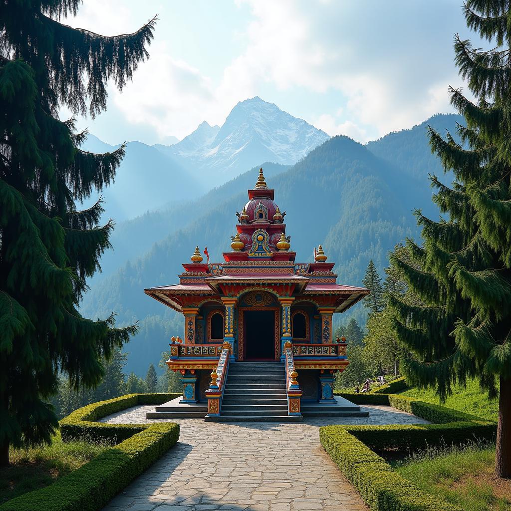 Serene temple amidst the Uttarakhand mountains, symbolizing a spiritual journey