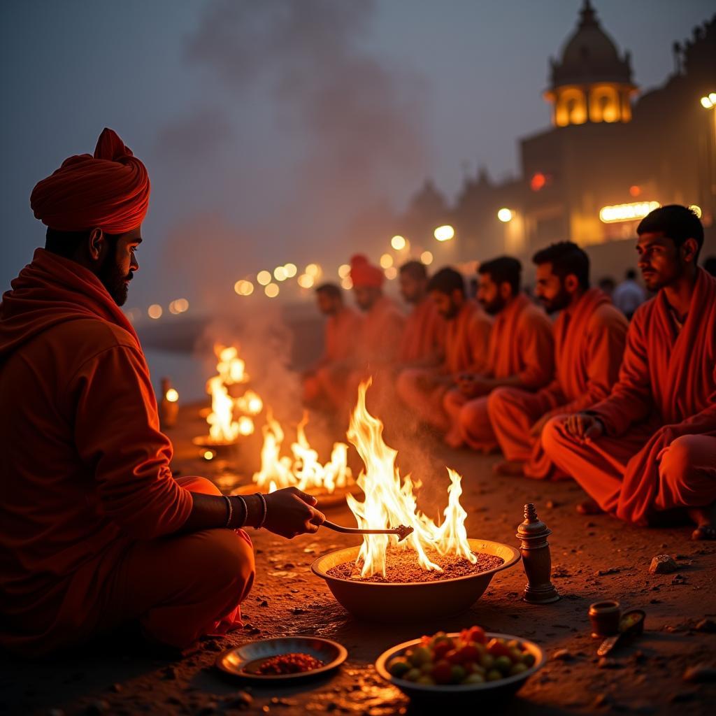 Evening aarti ceremony on the Ganges in Varanasi during an Uttar Bharat tour.