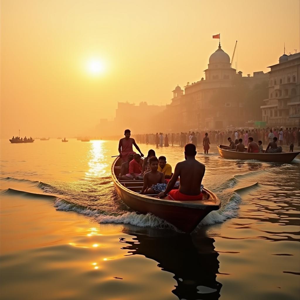 Varanasi Ghats Sunrise Boat Tour: A serene boat glides along the Ganges at sunrise, showcasing the vibrant ghats and the spiritual rituals.