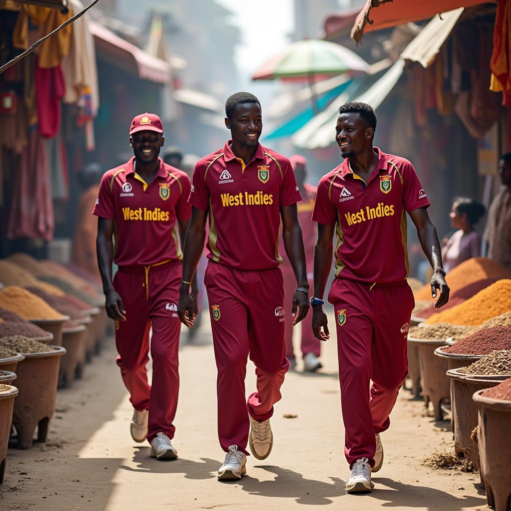 West Indies Cricket Team Exploring a Bustling Indian Market