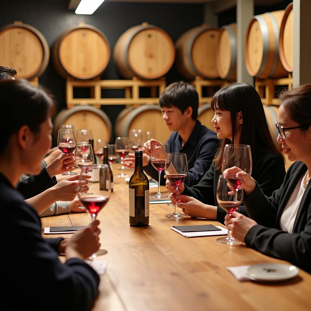 Visitors enjoying a wine tasting at a Japanese winery, surrounded by barrels and bottles, experiencing the local flavors.