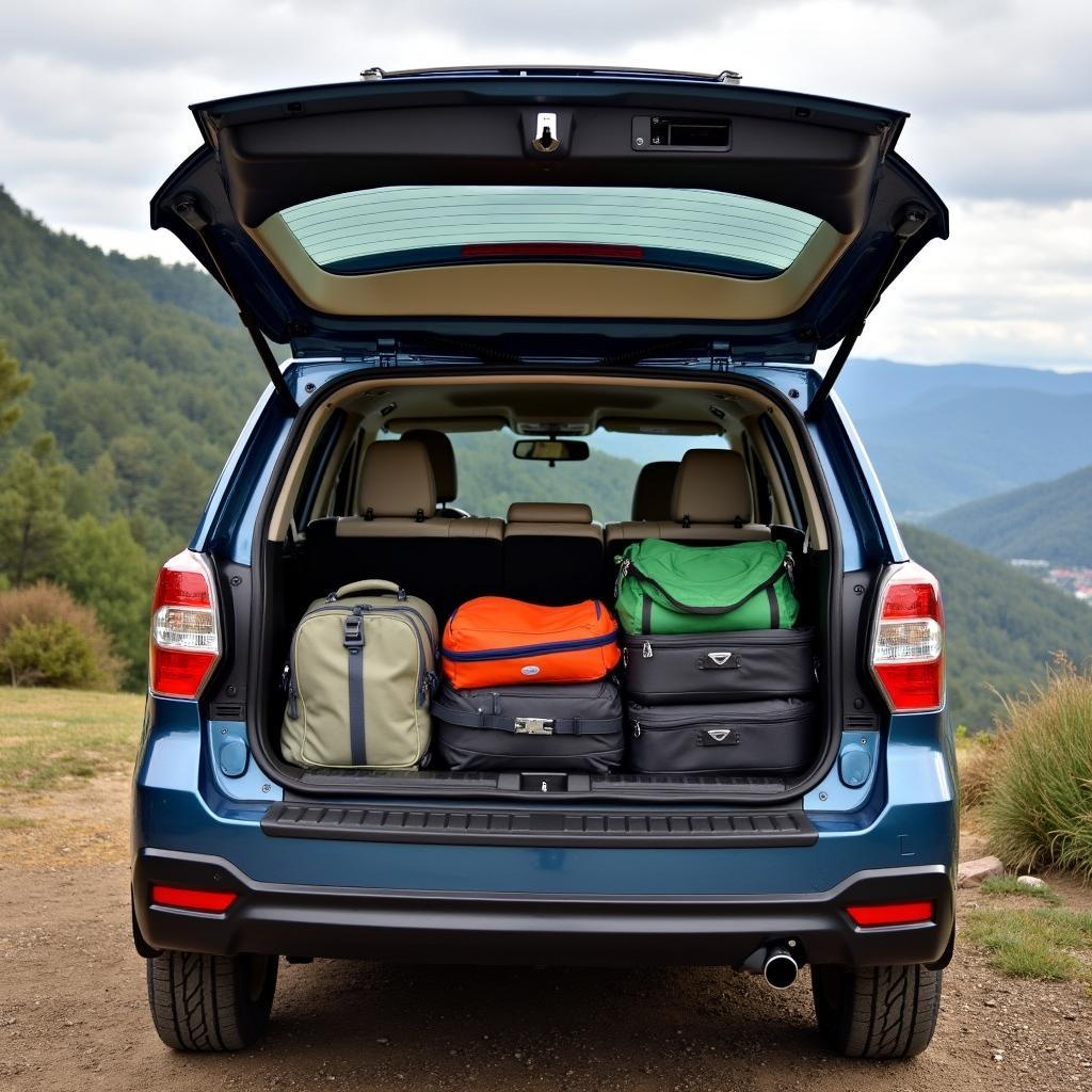 2016 Subaru Forester Touring packed with luggage and camping gear, ready for a road trip adventure in Japan