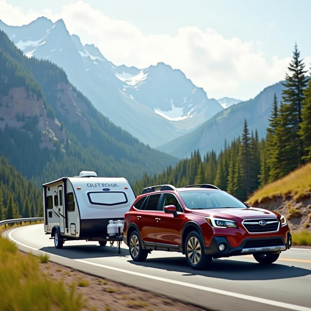 2017 Subaru Outback 3.6R Touring towing a small camper trailer in a mountain setting.