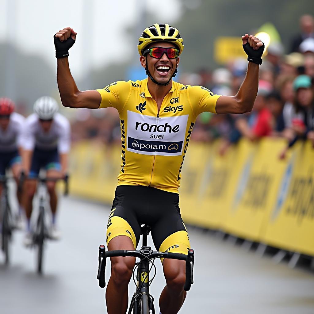 Egan Bernal celebrating his stage win and overall lead in 2019 Tour de France Stage 19