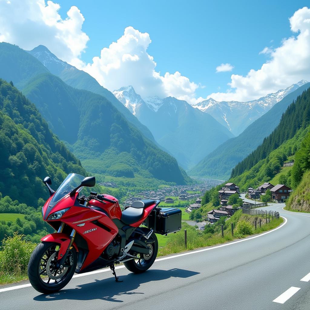 250cc touring motorcycle on a scenic mountain road in Japan, overlooking lush green valleys and distant peaks.