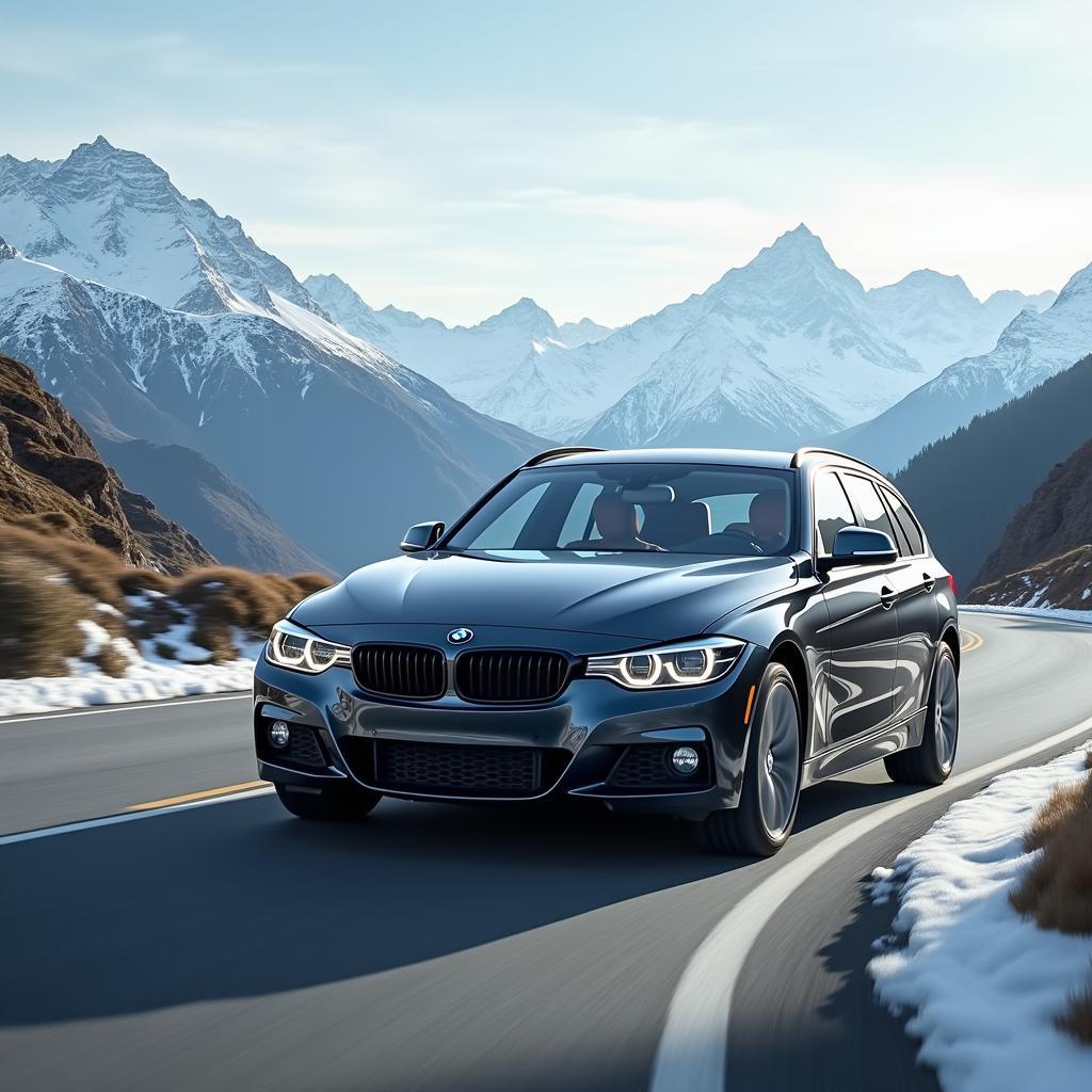 BMW 3 Series Touring driving through the Japanese Alps with snow-capped mountains in the background.