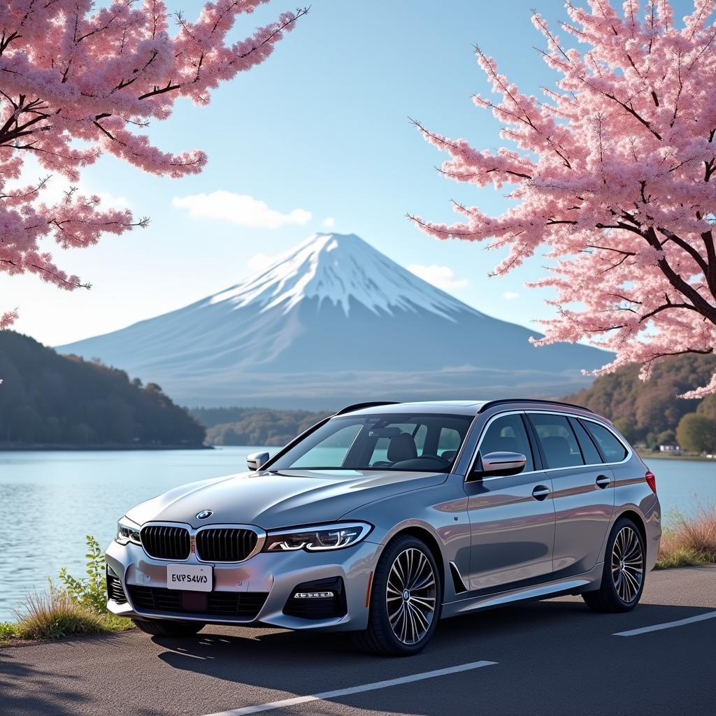 BMW 3 Series Touring parked near Mount Fuji with cherry blossoms in the foreground.