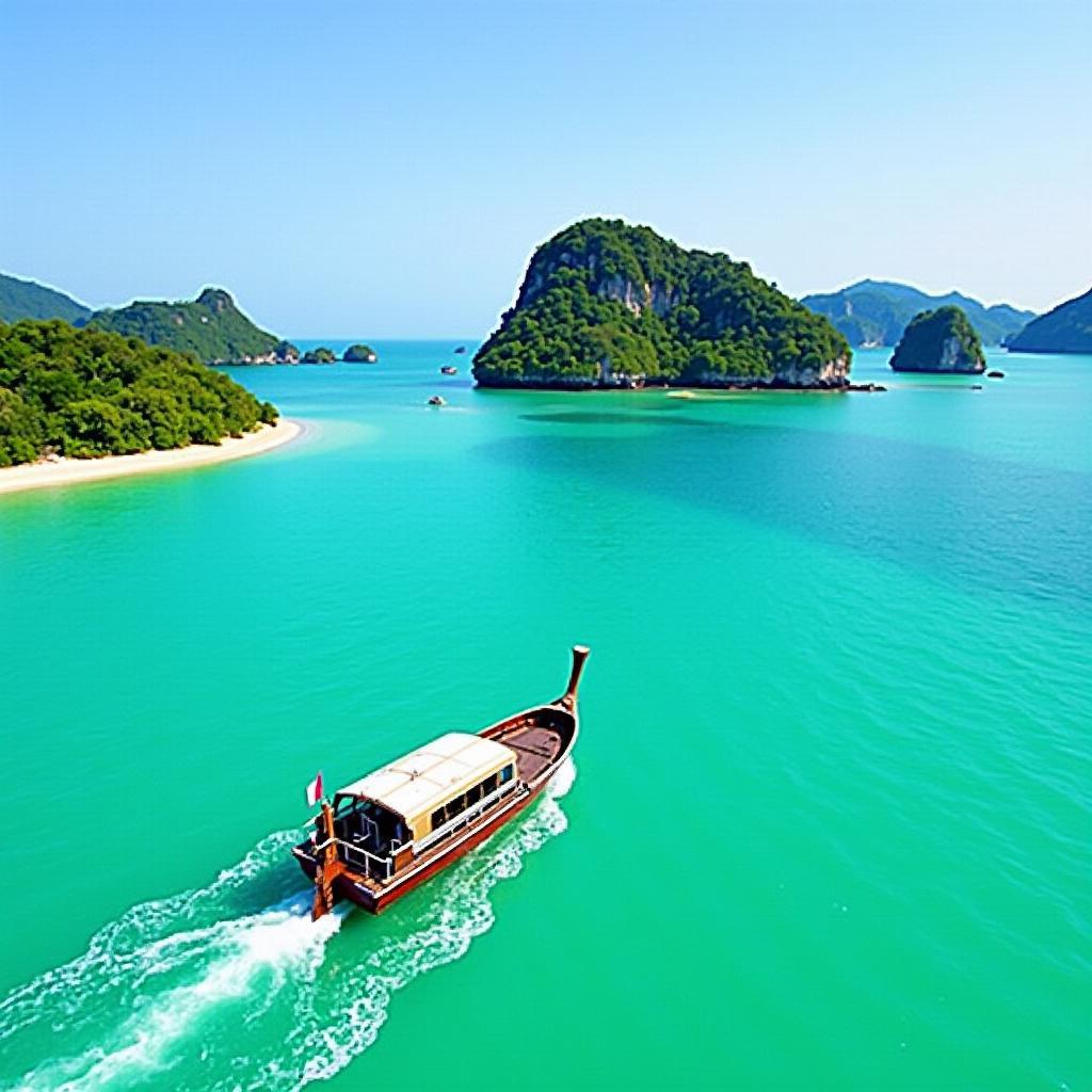 Longtail boat on the 7 island tour in Krabi, Thailand, with turquoise water and islands in the background.