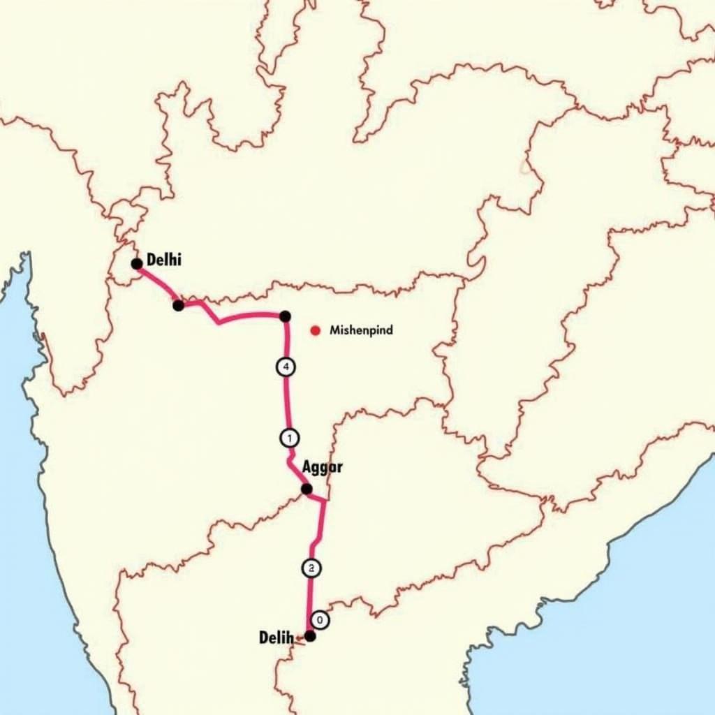 Map illustrating the route from Delhi to Agra and Jaipur