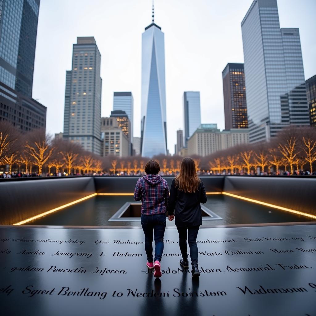 Visitors experiencing the 9 11 Memorial Walking Tour at Ground Zero.