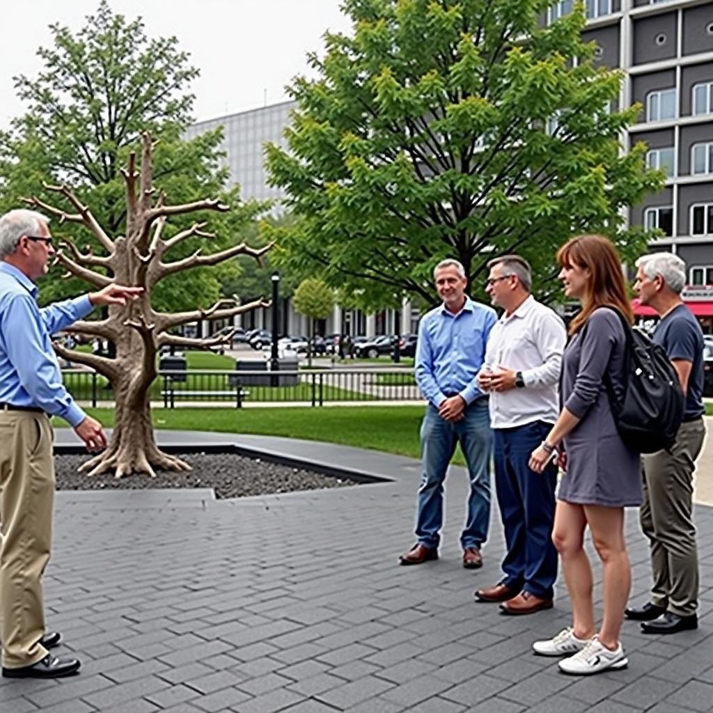 A guide explaining the significance of the Survivor Tree during a 9/11 Memorial Walking Tour.