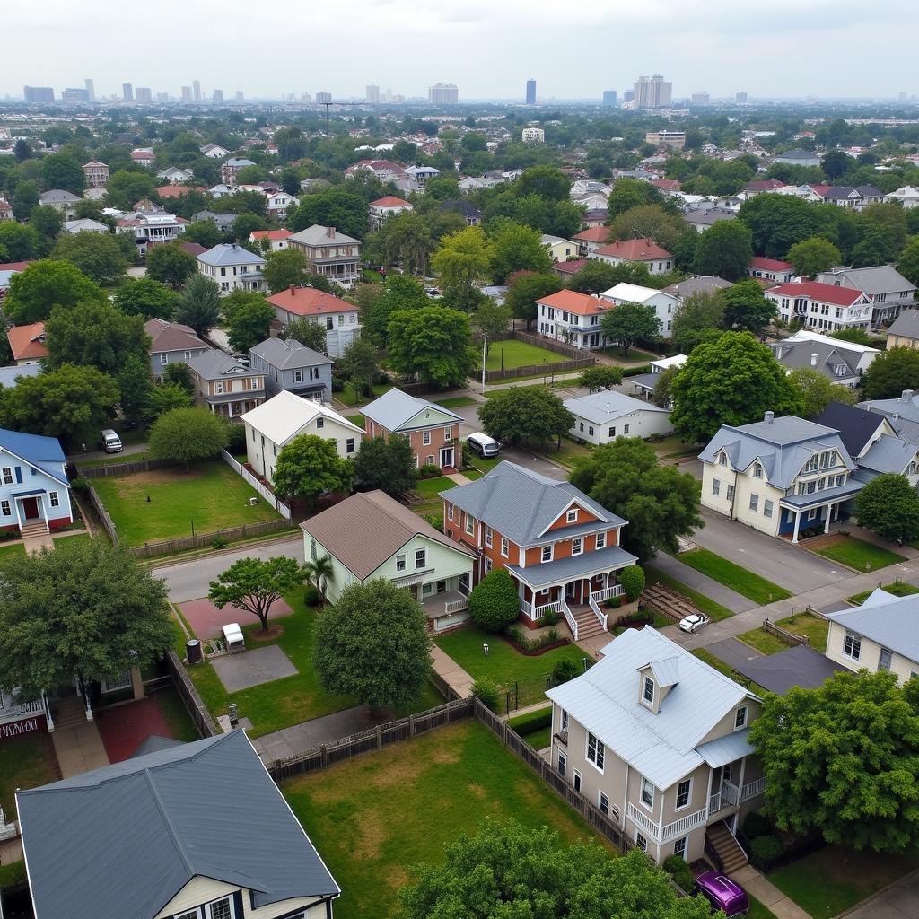 A panoramic view of the 9th Ward, New Orleans, showing a mix of residential houses, green spaces, and glimpses of the city skyline