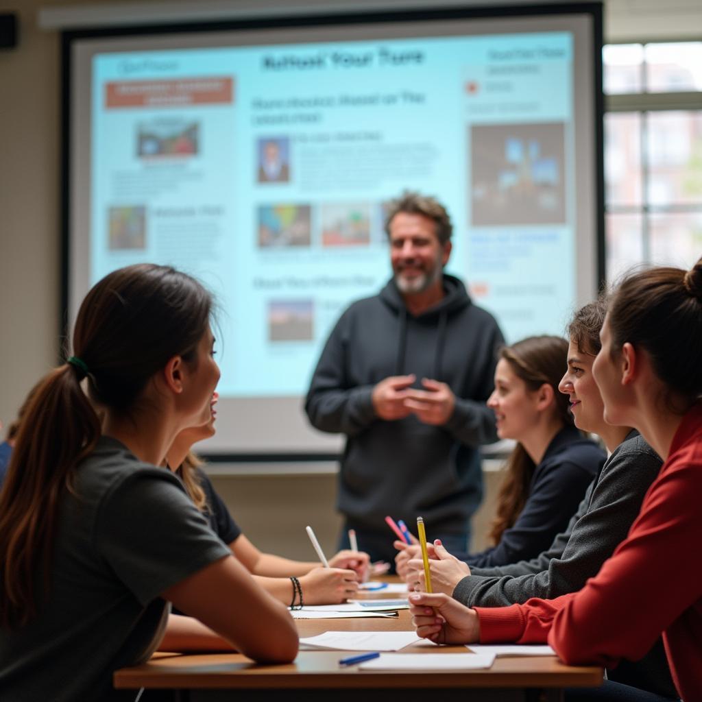 Students attentively listening to a presentation about an abroad education tour