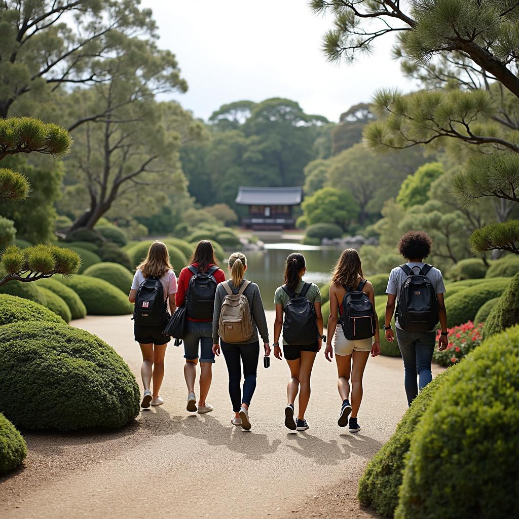 Adelaide Uni students exploring a traditional Japanese garden during a study tour