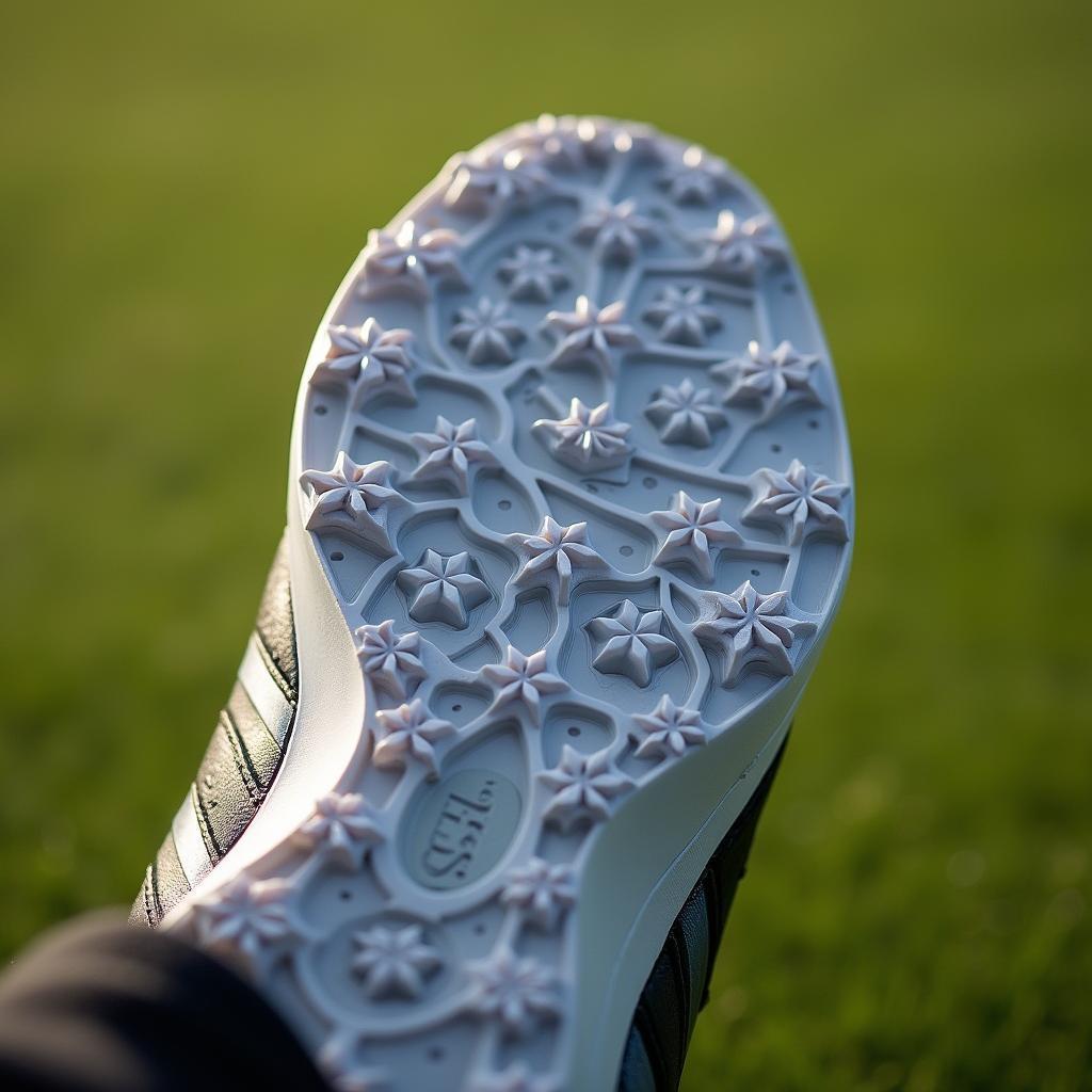 Close-up view of the Adidas Tour 360 XT's traction system on a golf course