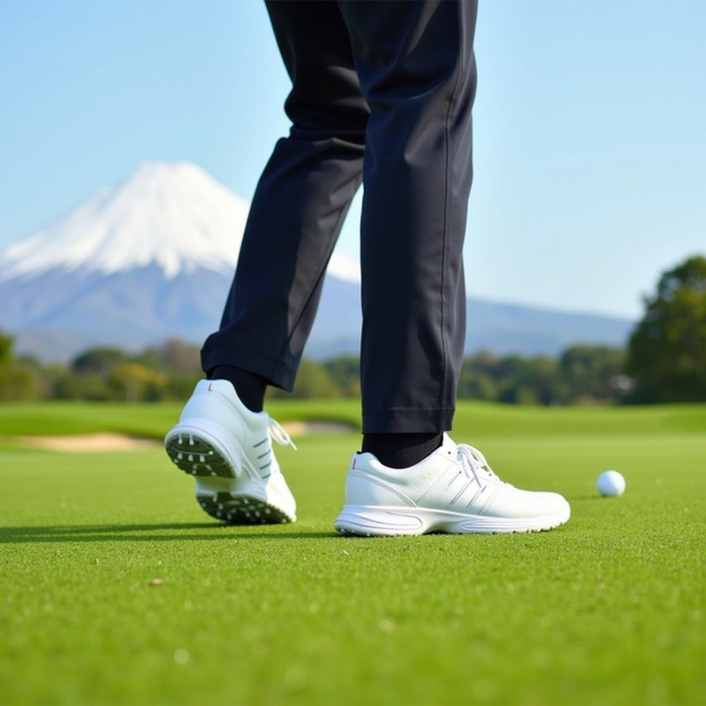 Golfer wearing Adidas Tour 360 XT shoes on a picturesque Japanese golf course