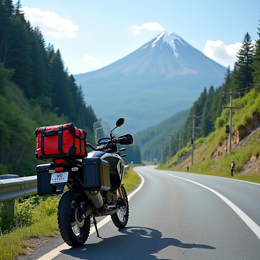 Adventure bike loaded with luggage touring in Japan