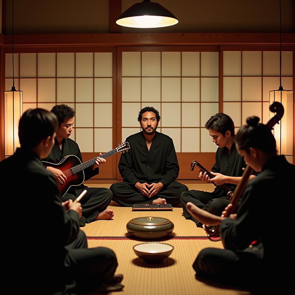 Ady Suleiman collaborating with traditional Japanese musicians in Kyoto