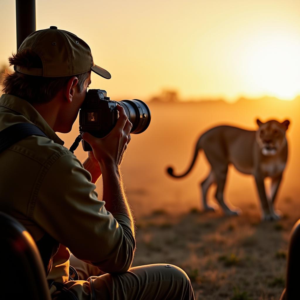 A photographer capturing stunning wildlife photos during an African safari, using professional equipment and techniques.