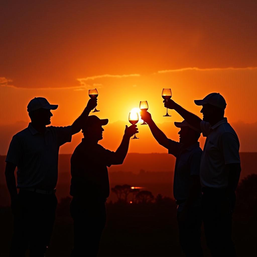 Group of golfers enjoying drinks during a sundowner on the African savannah.