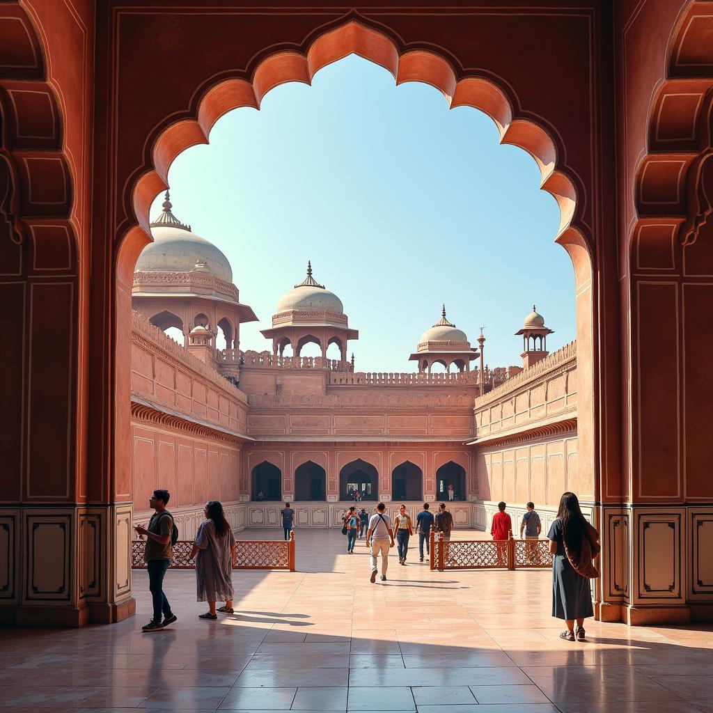 Agra Fort's Mughal architecture viewed by tourists from Hyderabad