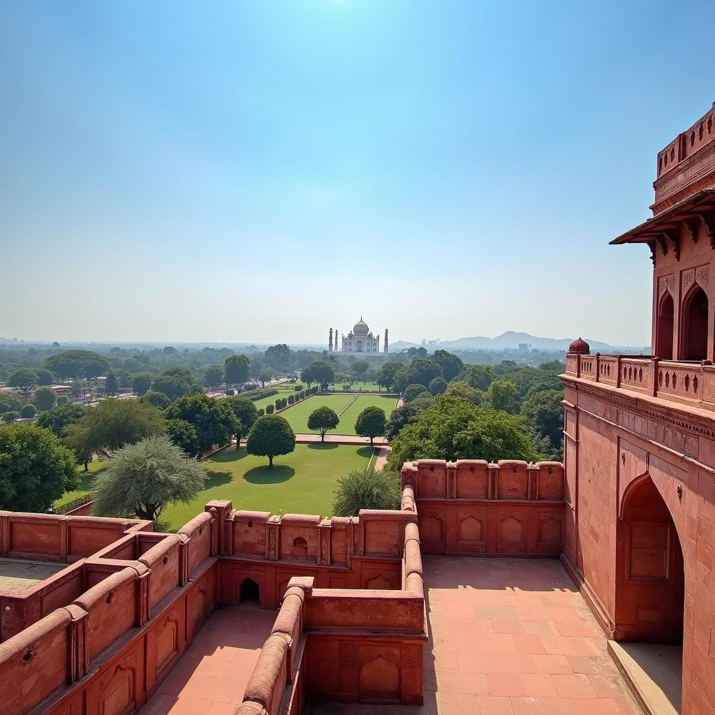 Agra Fort with a view of the Taj Mahal in the distance