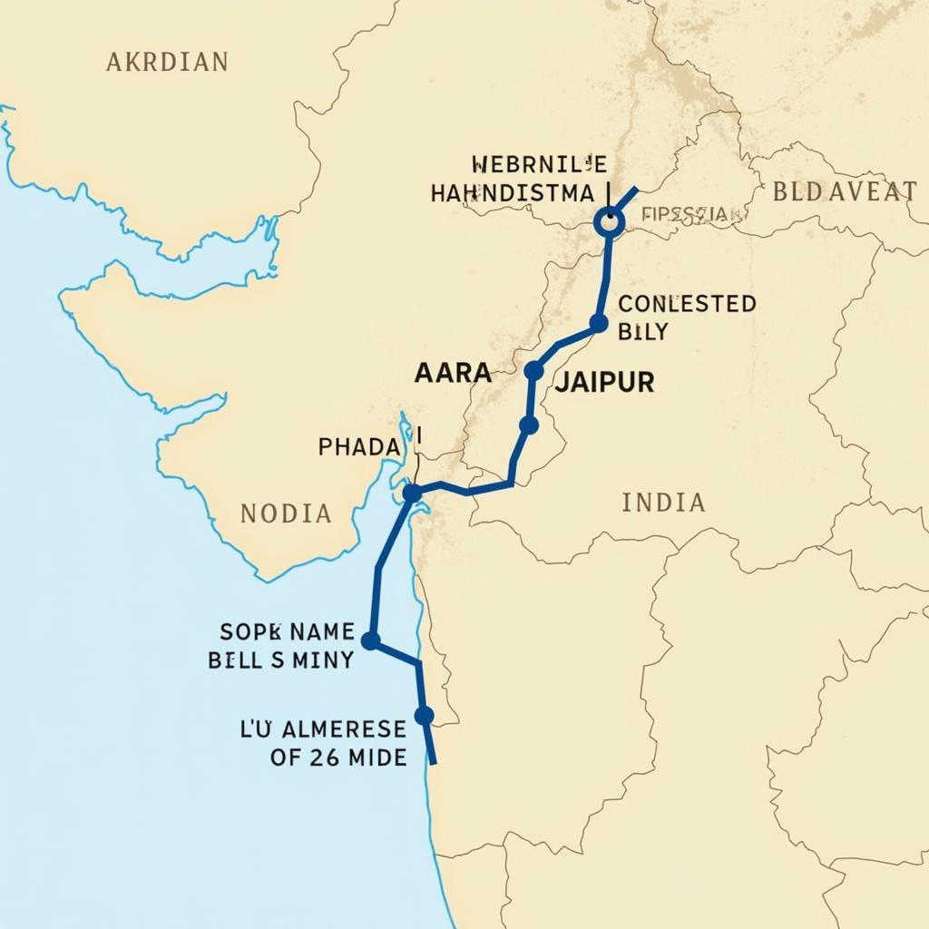 Map of Agra, Jaipur, and Pushkar showing the route for a car tour