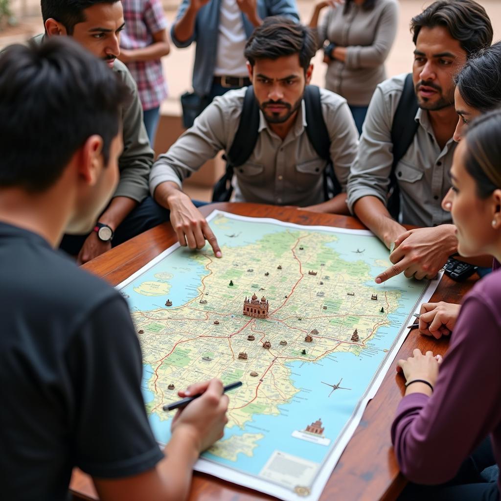 A tour guide in Agra explaining the city map to tourists.