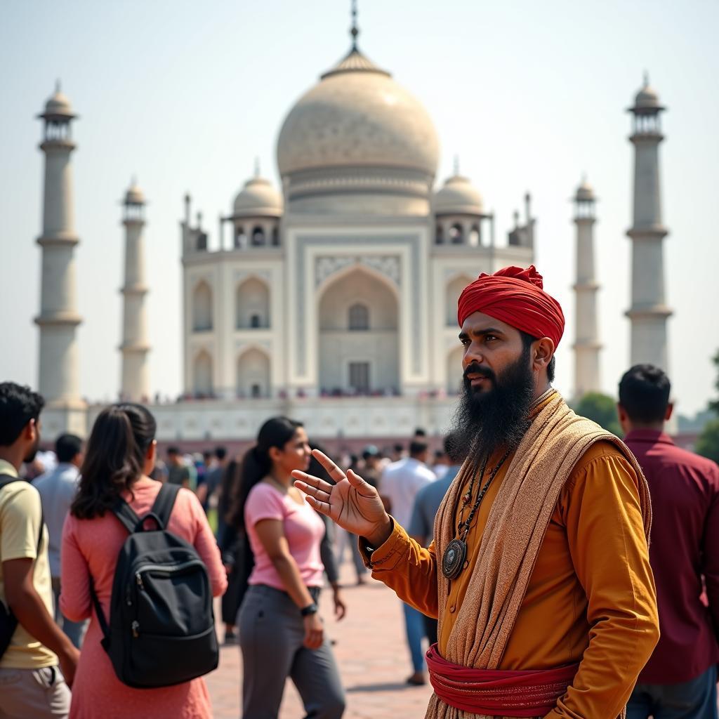 A tour guide stands with the Taj Mahal in the background, pointing and explaining details.