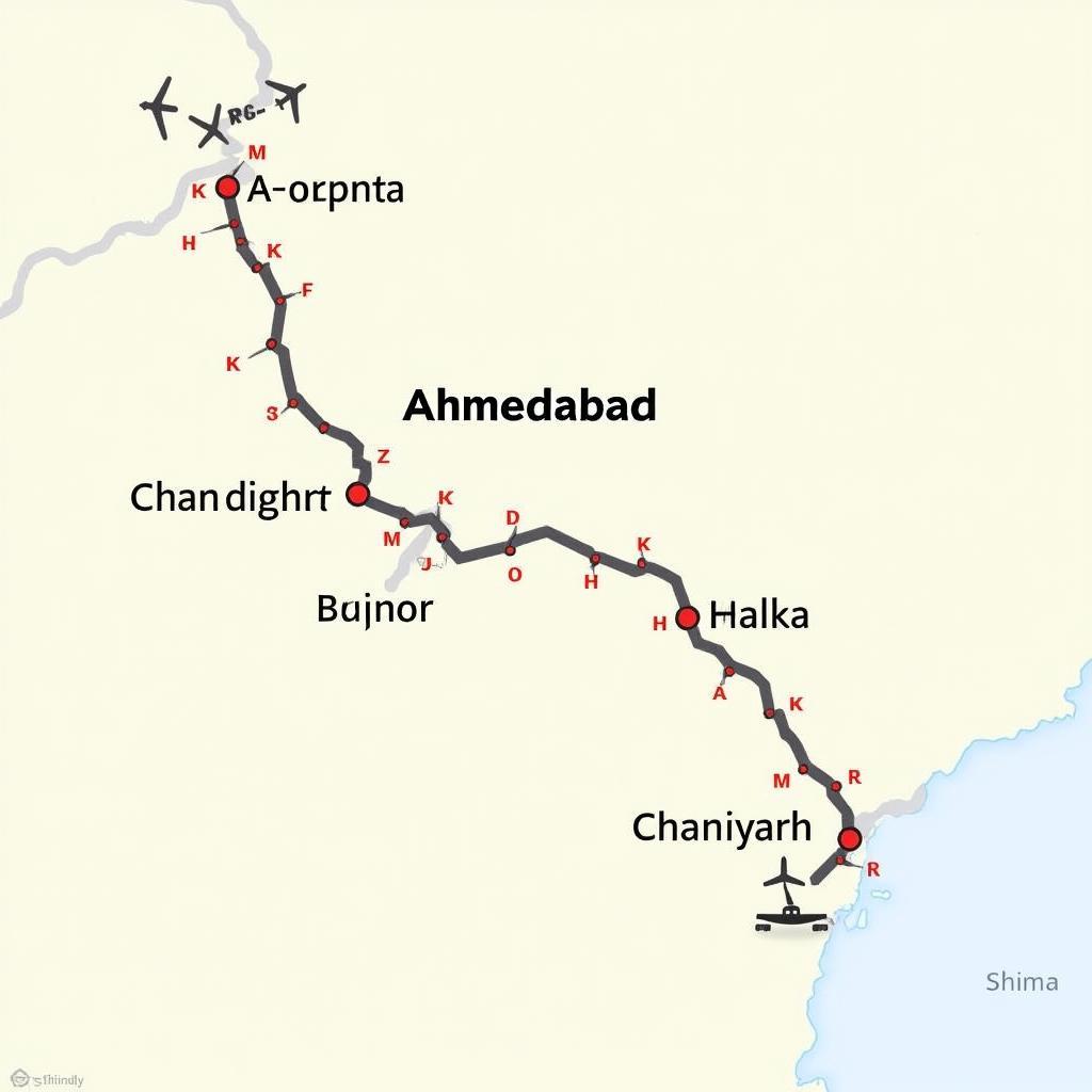 Map highlighting travel routes from Ahmedabad to Shimla, including flight and train options.