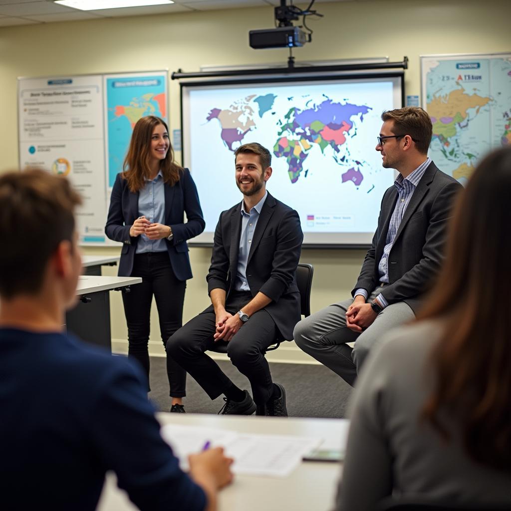 Students in an air travel and tours training college classroom with an instructor