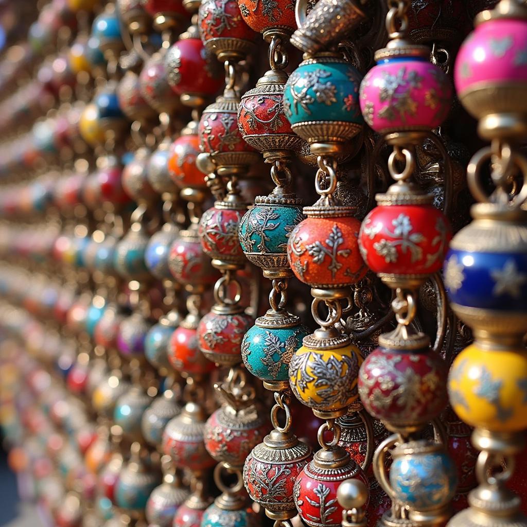 Vibrant stalls in a local market in Ajmer or Pushkar, displaying colorful textiles and handicrafts.