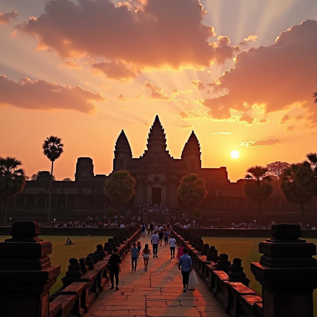 Ancient Angkor Wat Temple at Sunrise in Cambodia