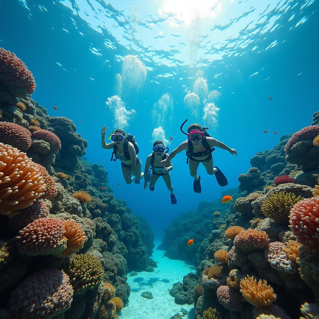 Andaman Family Snorkeling Coral Reef: A family snorkeling and exploring the vibrant coral reefs of Andaman.