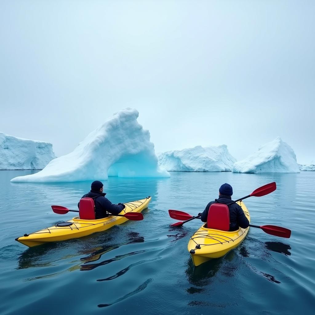 Kayakers paddling through icy waters in Antarctica, demonstrating the adventurous activities available on some Antarctic tours.