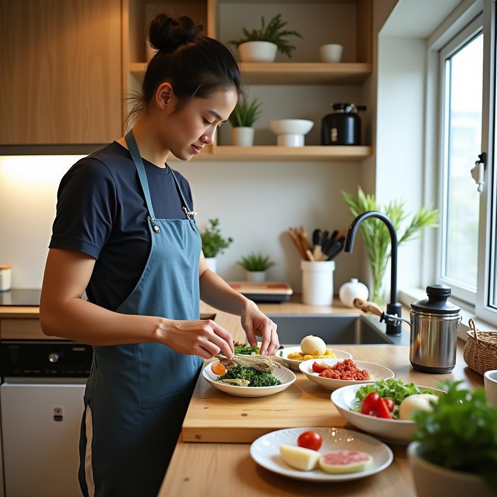 Preparing a Meal in a Japanese Aparthotel Kitchen