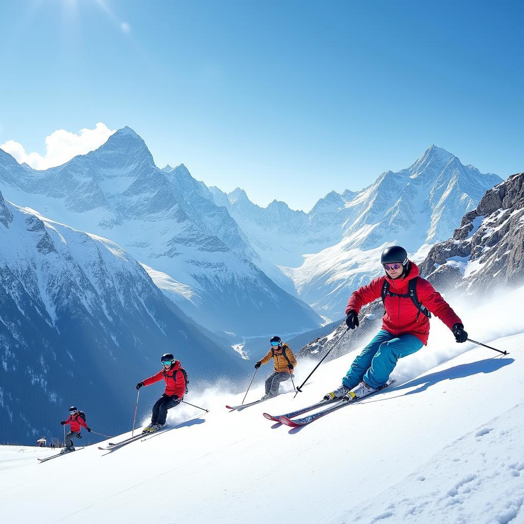 Skiing down the snow-capped mountains of Auli with the Himalayas in the background