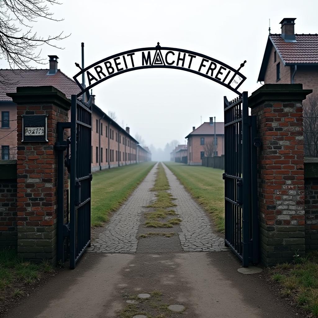 Auschwitz-Birkenau entrance gate with the infamous "Arbeit Macht Frei" sign.