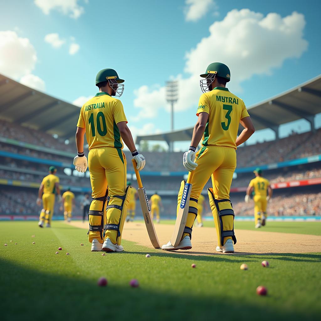 Australia-India Cricket Rivalry: A hypothetical image depicting the two teams facing off on a cricket field. The backdrop showcases a vibrant Indian stadium filled with passionate fans.  The energy and excitement of the potential rivalry are palpable.