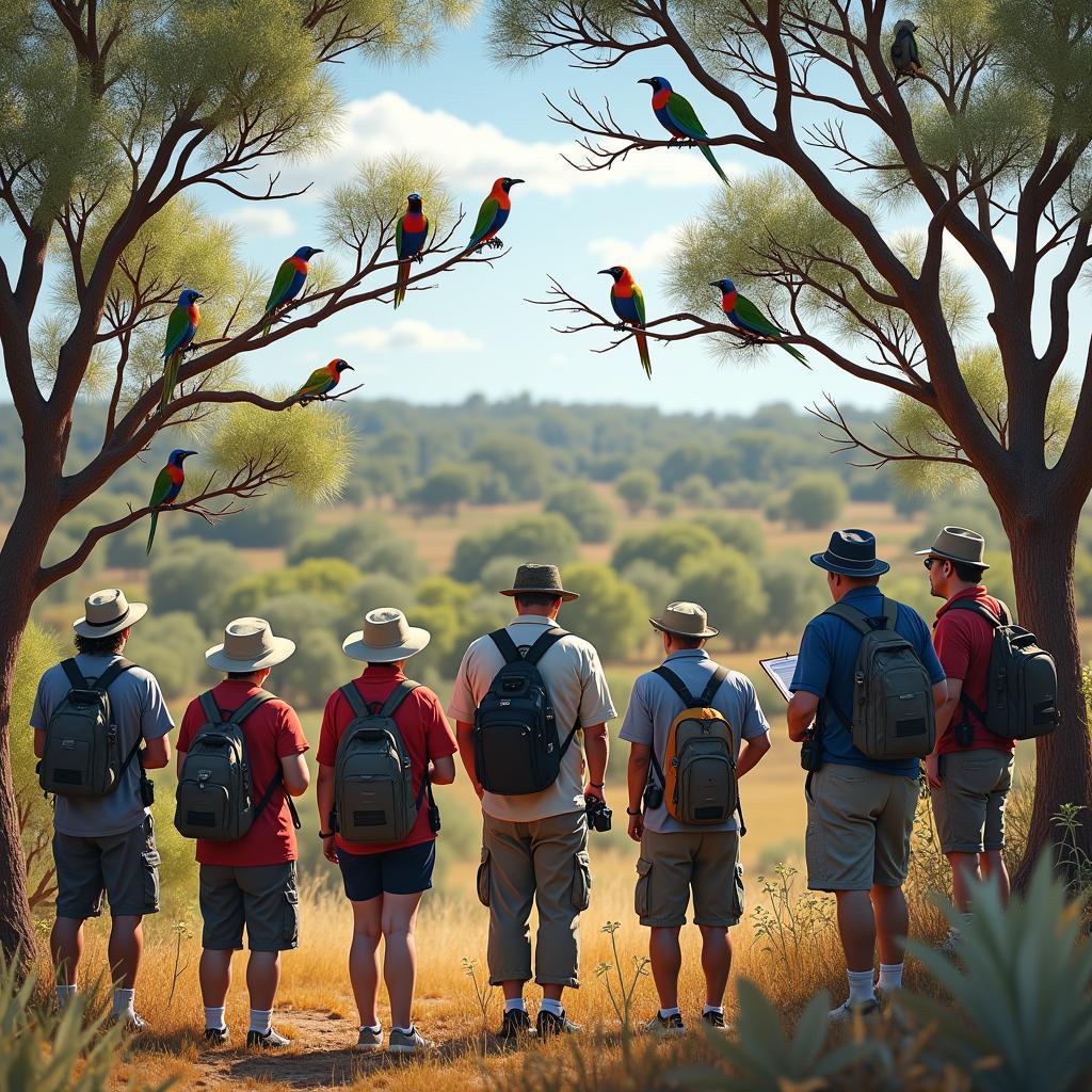 A group of bird watchers with binoculars and cameras observing birds in a diverse Australian landscape.