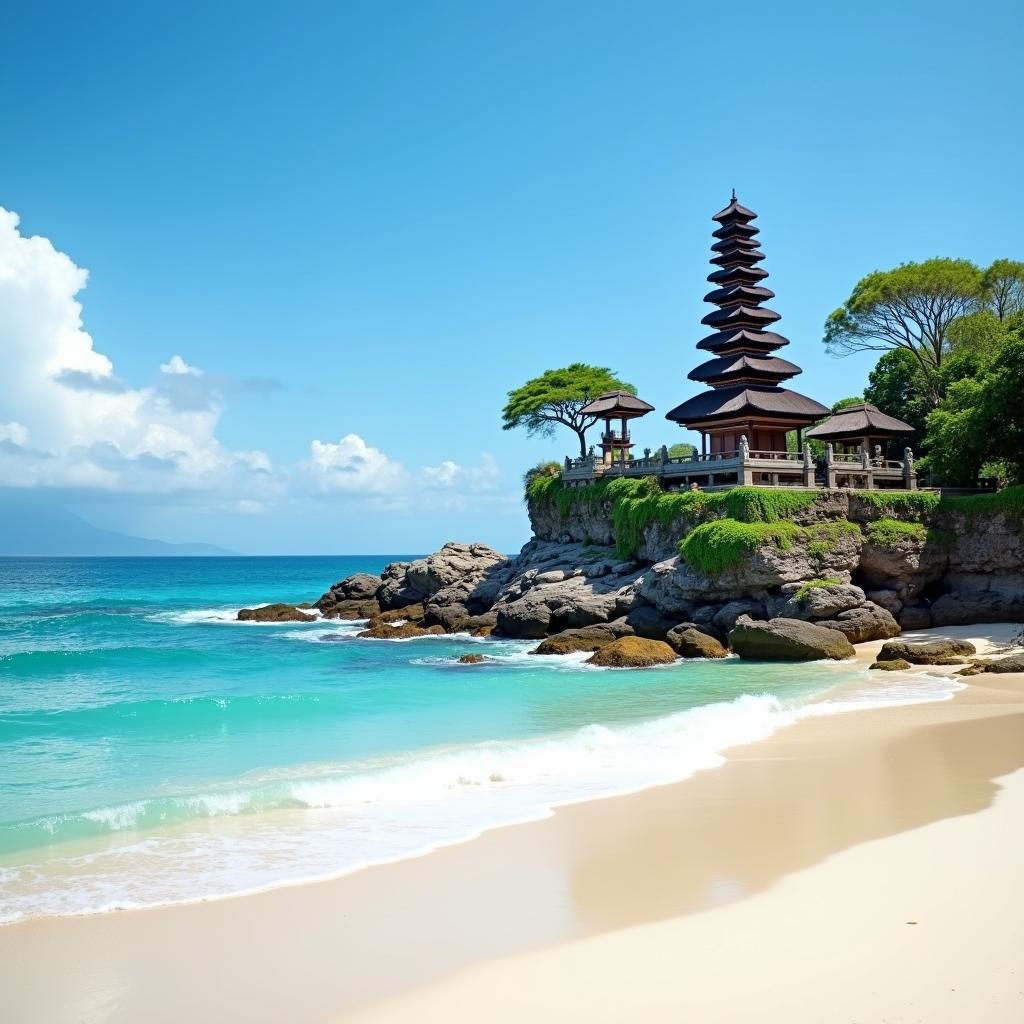 Bali Travel Destinations: A serene beach with a traditional Balinese temple in the distance.