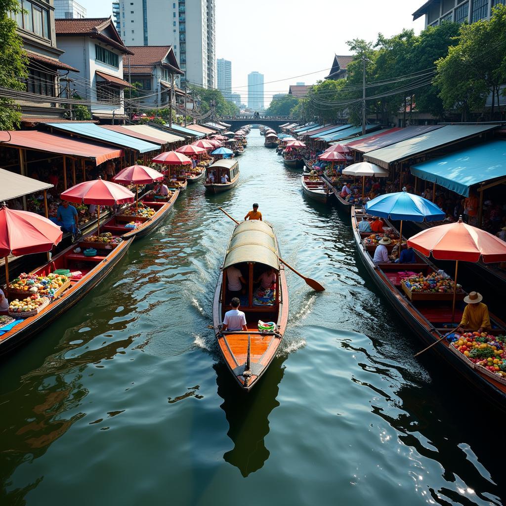 Longtail boat navigating a crowded Bangkok floating market