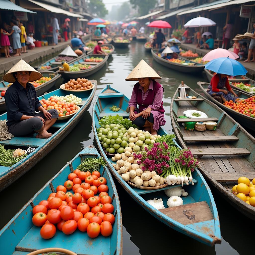 Vendors selling goods from boats at a floating market