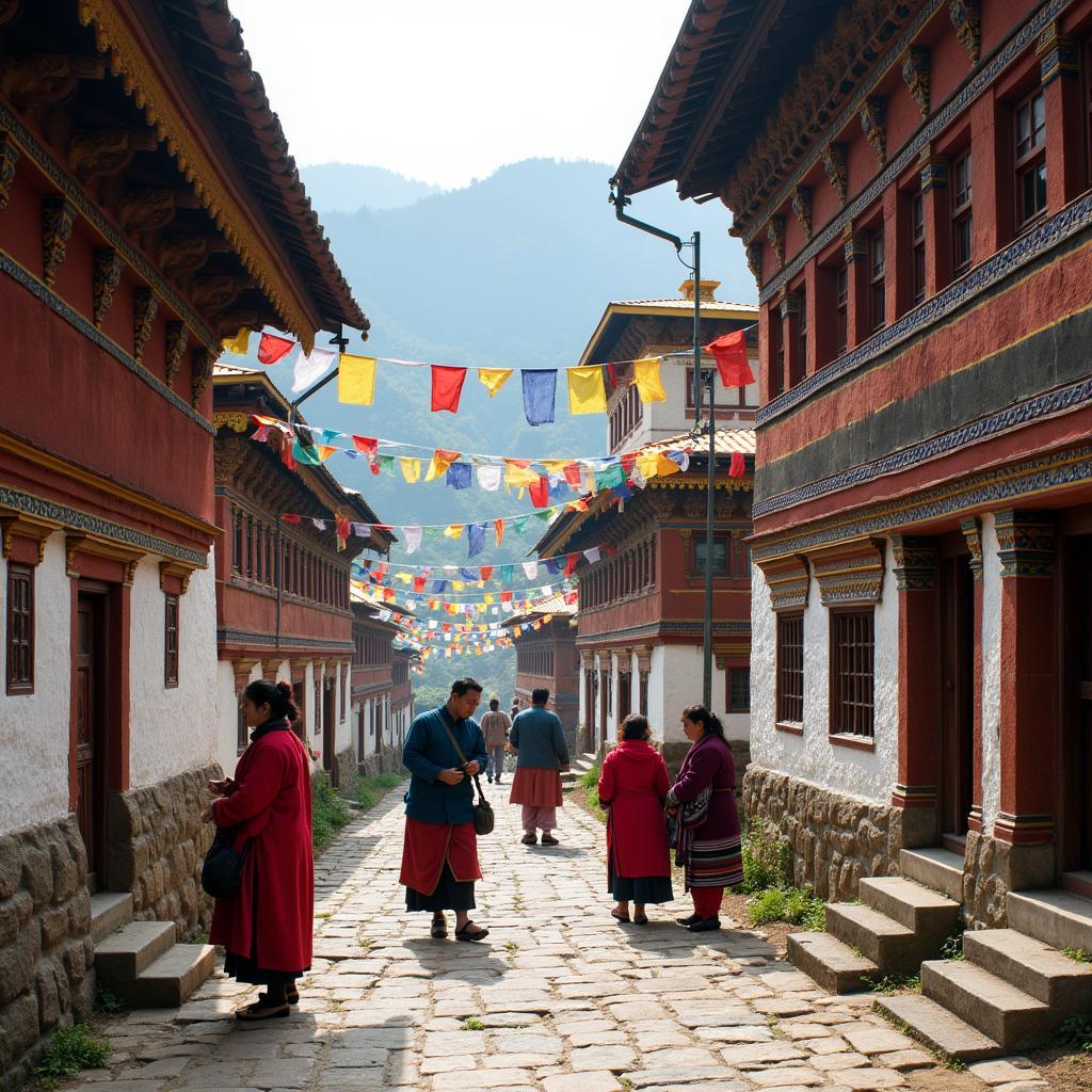 Traditional Bhutanese architecture and cultural dress.