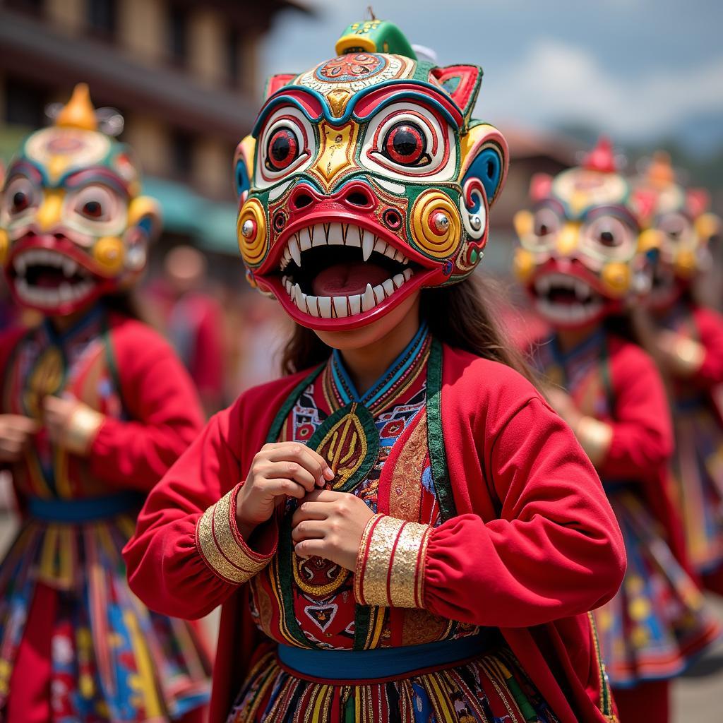 Bhutanese dancers in traditional attire performing during a festival